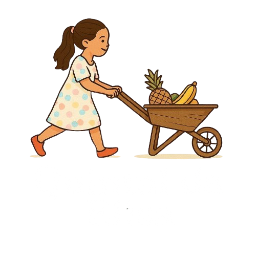 Elisa, mascote do Quintal, empurrando um carrinho de mercado cheio de frutas e verduras.